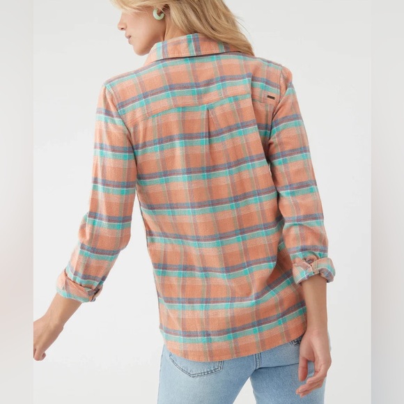 NWT O’Neill NASH FLANNEL TOP shirt peach plaid print soft cotton button up - Picture 4 of 11